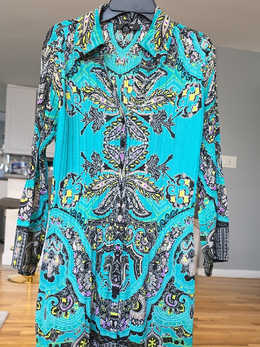 Alfani Turquoise Paisley Long Sleeve Button-Front Dress
